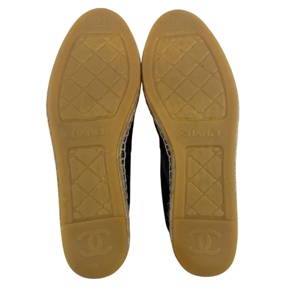 CHANEL Lambskin Espadrilles Black CC 37 Auth New w/o Box Leather Flats Slip-On